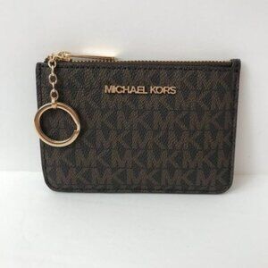 Michael Kors Jet Set Travel Leather Coin Zip Pouch in Brown Logo